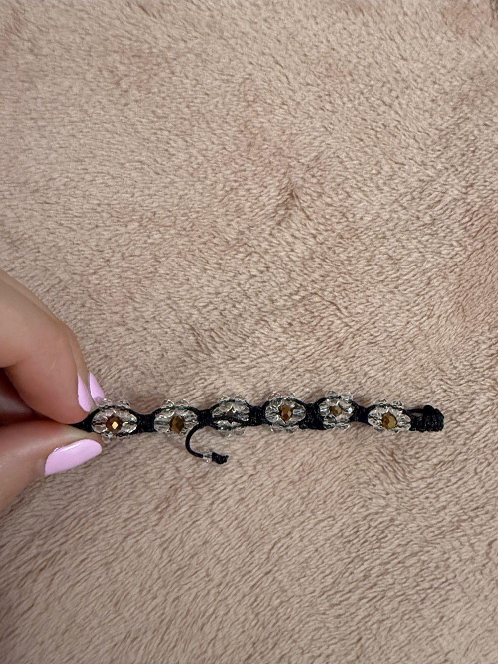 Handmade Black Macrame Bracelet with Silver Beads and Amber Accents